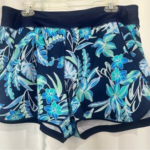 Lands' End Navy Floral Athletic Shorts with Blue-Teal Print